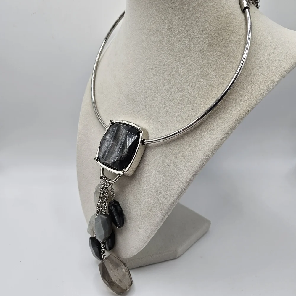 NEW Chico's Cinda Black Lucite Statement Dangle Necklace Silver Tone